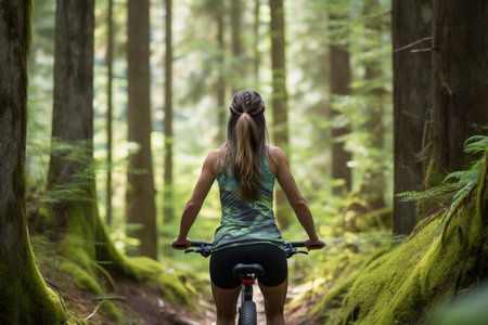 An image showcasing a girl cycling on a forest path, embodying the spirit of adventure. The rear view adds a sense of anticipation. Perfect for content related to outdoor activities, adventure, and cycling. Generative AI.の素材