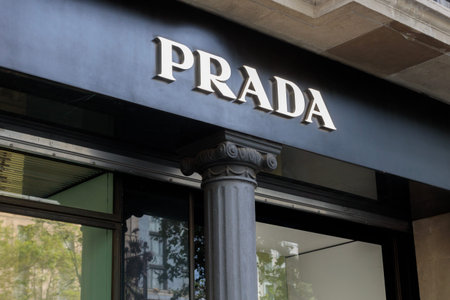 Barcelona, Spain - August 10, 2023: Prada Storefront and Logo in Barcelona
