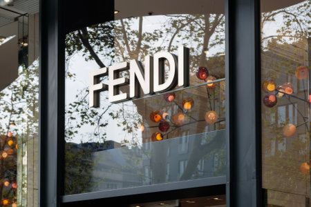 Barcelona, Spain - 10 August 2023: Close-up of the Fendi logo at the entrance of its store in Barcelona.のeditorial素材