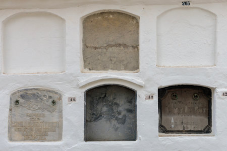 Barcelona, Spain - 14 August 2023 Historic Tombstones of Tossa de Mar's Monumental Cemeteryのeditorial素材