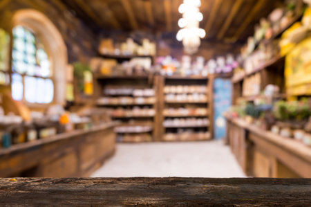 Rustic Wooden Counter with Blurred Pharmacy Interior ideal for product presentations or mockups.の写真素材