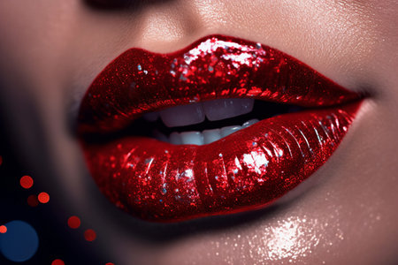 Red Lipstick Beauty: Woman's Sensual Lips Closeup Generative Ai.の素材