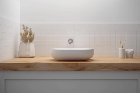 Mockup Display in Modern Bathroom with Wooden Countertop. Generative Ai.の素材