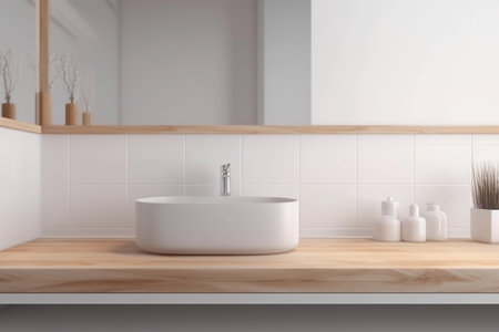 Modern bathroom with wooden countertop and bright washbasin.. Generative Ai.の素材