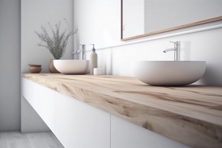 Bright Loft-Style Bathroom with Wooden Countertop. Generative Ai.の素材