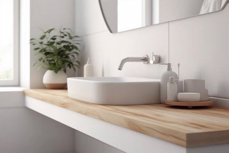 Modern Wooden Bathroom Countertop Close-up. Generative Ai.の素材