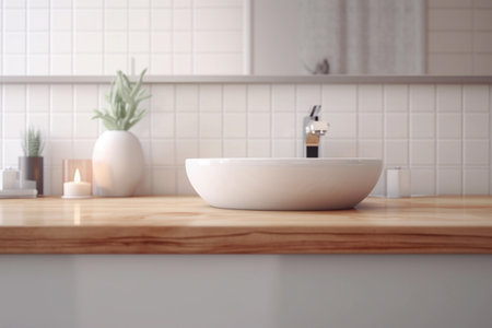Modern Luxurious Bathroom with Stylish Wooden Cabinet. Generative Ai.の素材