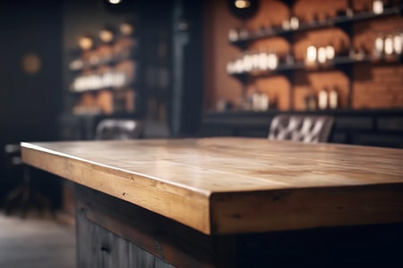 Men's Beauty Salon Interior with Empty Wooden Countertop for Product Mockup. Generative Ai.の素材