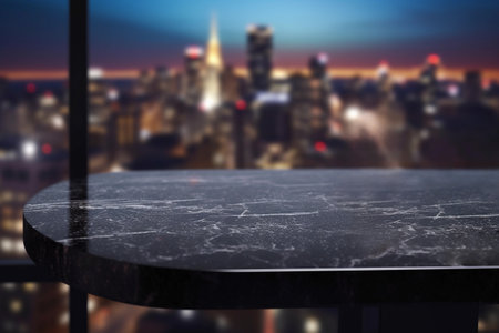 Dark Marble Table with Night City Background from Skyscraper. Generative Ai.の素材