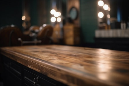 Atmospheric Barber Shop with Dark Wooden Countertop for Product Display. Generative Ai.の素材