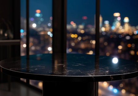 Marble Table with Blurry Night City Background for Product Mockup. Generative Ai.の素材