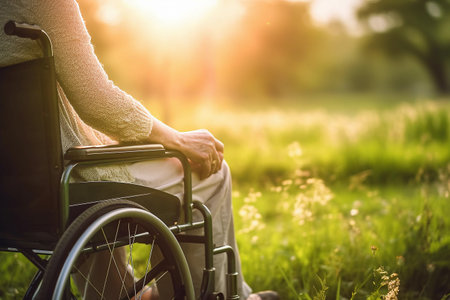 Disabled woman in wheelchair in park, green meadow. Generative Aiの素材
