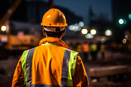 Construction Worker in Yellow Safety Helmet at Construction Site Generative Aiの素材