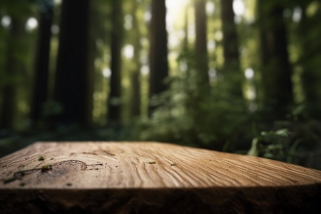Wooden Table with Blurred Forest Landscape Background: Product Display Template Generative Aiの素材