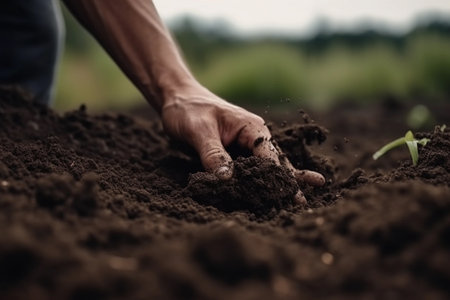 Farmer's Hands Holding Mineral-Rich Soil Suitable for Cultivation. Generative Ai.の素材
