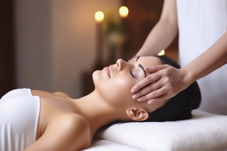 Attractive Woman Enjoying a Relaxing Massage at Spa. Concept spa. Generative Ai.の素材