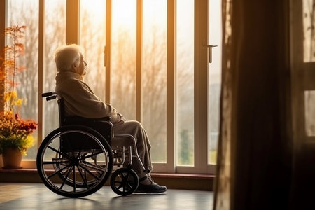 Elderly Disabled Woman in Wheelchair Looking Out the Window in a Nursing Home. Generative Ai.の素材