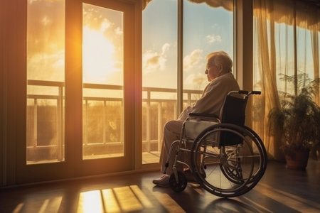 Elderly Disabled Woman in Wheelchair Looking Out the Window in a Nursing Home. Generative Ai.の素材