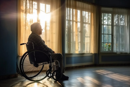 Elderly Disabled Man in Wheelchair Looking Out the Window in a Nursing Home. Generative Ai.の素材