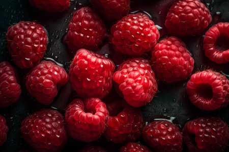 Red Raspberry Close-Up, Top View Berry Background. Generative Ai.の写真素材