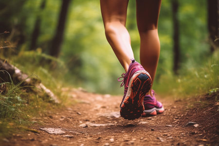 Trekking Footwear Close-Up, Hikers Journey in Nature, Sports Vacation Theme. Generative Ai.の写真素材