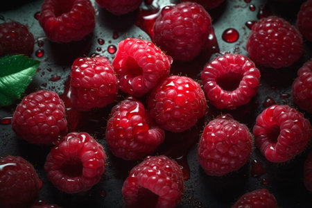 Vibrant Raspberries Top View, Intense Red Raspberry Texture Close-Up. Generative Ai.