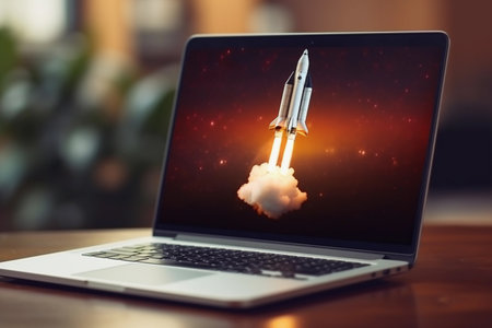 Successful Startup Concept Rocket Launching from Laptop Screen, Office Desk Background, Entrepreneurship Launch Success, Digital Business Growth Visual. Generative AI.の素材