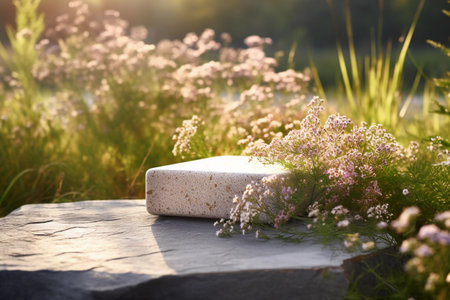 Herbal Cosmetic Product Presentation on Natural Stone Podium. Generative AI.の素材