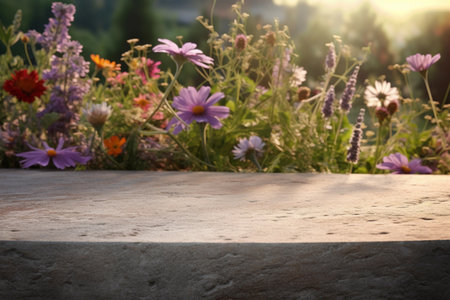 Stone on the background of green plants, the perfect podium for your product, natural background. Generative AI.の素材
