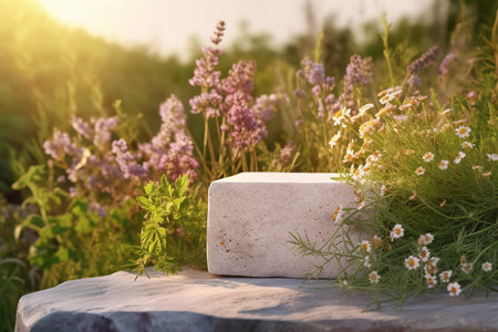 Natural Scenery Mockup for Cosmetic or Medicinal Product. Generative AI.の素材