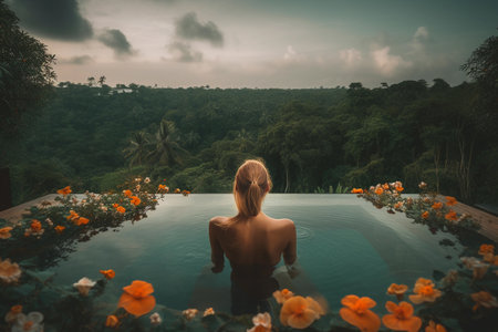 Relaxed Woman in Swimming Pool at Spa Resort, Serene Female Enjoying Poolside Leisure. Generative AI.の素材
