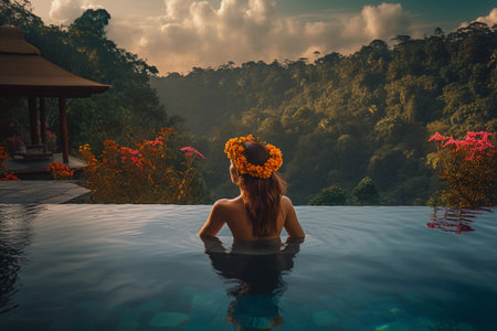 Pretty Woman Relaxing at Luxury Poolside with Flower at Travel Spa Resort Pool - Summer Vacation. Generative AI.の素材