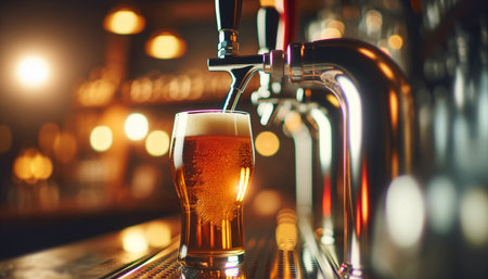 Draft Beer Pouring into Glass, Lively Bar Atmosphere. Generative Ai.の素材