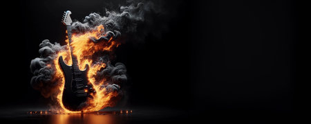 Burning Electric Guitar in Flames. Copy Space. Generative Ai.の素材
