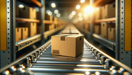 Conveyor Belt in Distribution Warehouse, Cardboard Box Packages, E-Commerce Delivery, Automated Logistics. Generative Ai.の素材