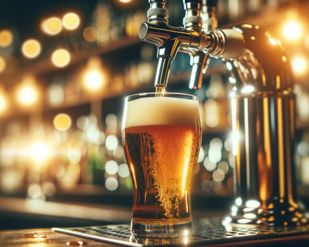 Light beer from the tap, a large glass of frothy beer. Generative Ai.の素材