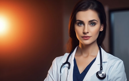 Smiling Doctor in White Uniform, Confident Healthcare Professional, Clinic Background. Space for text.の素材