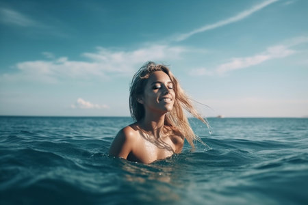 Girl swimming in blue sea, only head visible.の素材