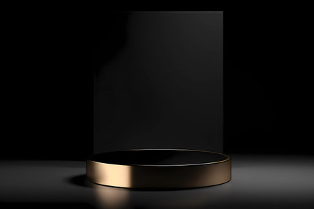 Podium or pedestal display on dark background, cylinder stand concept, blank product shelf standing backdropの素材