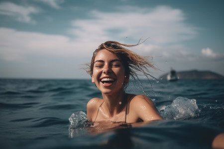 Portrait of smiling, happy woman standing in water near tropical island.の素材