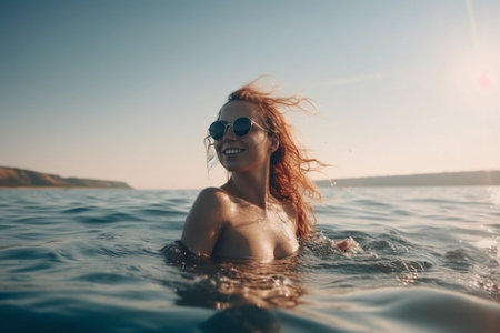 Cheerful woman wearing sunglasses enjoys a peaceful swim in the sea as the sun sets, reflecting a relaxed summer vibe.の素材