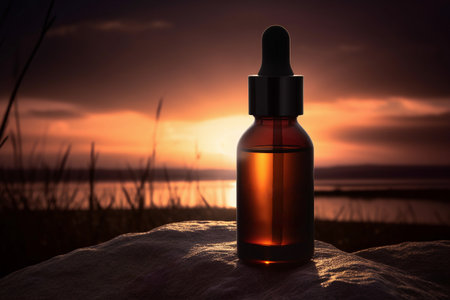 Essential Oil Bottle Glowing in Golden Sunset Light, Aromatherapy.の素材