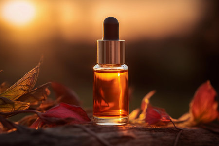 An essential oil dropper bottle amidst autumn harvest elements with a stunning sunset in the background, evoking a sense of seasonal change.の素材