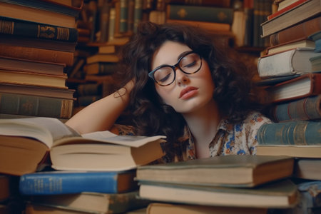 A young woman is sleeping in the library, and a student is studying for a sessionの素材