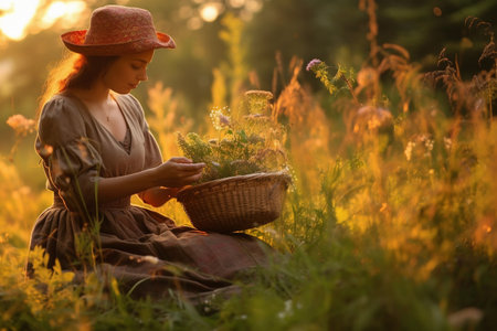 Woman Harvesting Herbs in Sunlit Fieldの素材