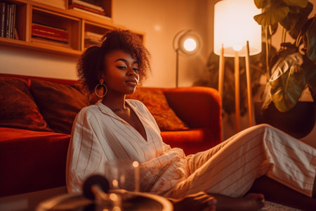 Woman Enjoying Cozy Evening at Homeの素材