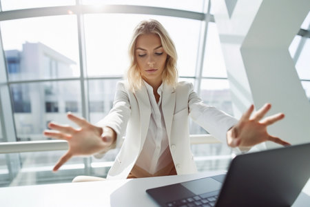Concentrated businesswoman at work. Hand gesture, enough symbol.の素材