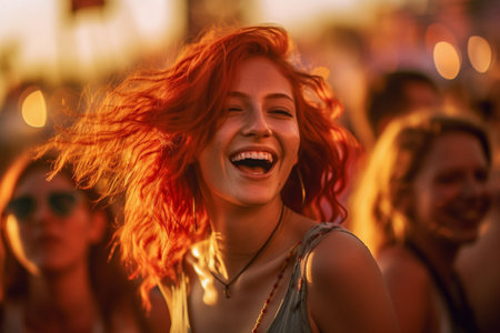 Joyful Woman at Outdoor Festival.の素材