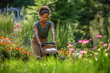 A gardener taking care of a lawn, a blooming gardenの素材