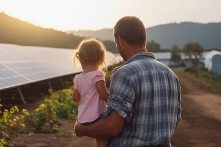 Father and Daughter at Solar Farmの素材